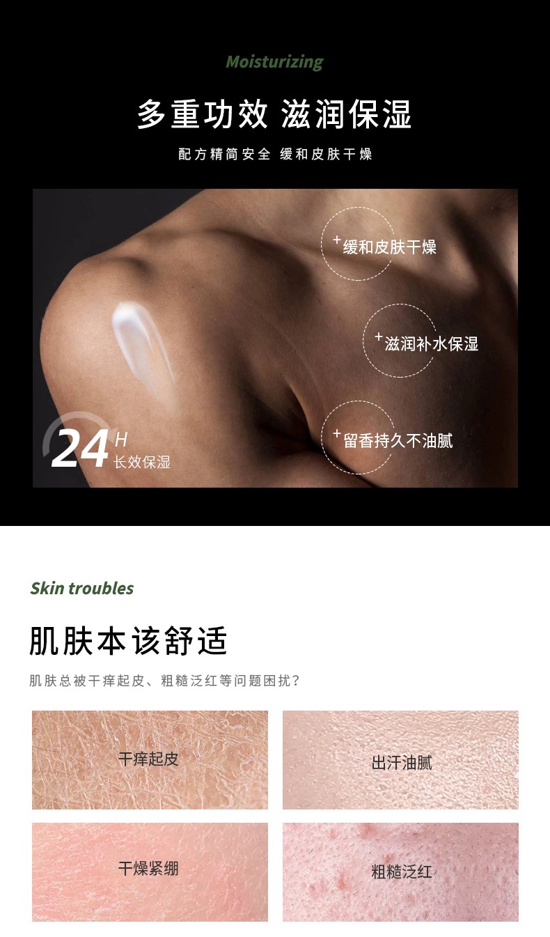 多重功效 滋潤保濕，配方精簡安全緩和皮膚干燥，滋潤補水保濕，24小時長效保濕，細膩溫和不刺激，留香持久不油膩
