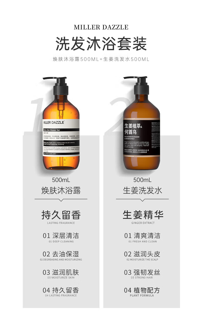MILLERDAZZLE洗發沐浴套裝包括煥膚沐浴露500ML和生姜洗發水500ML，采用生姜植萃和何首烏成分。產品具有持久留香的生姜精華，深層清潔和去油保濕功效，讓肌膚保持滋潤，同時清爽清潔頭皮，滋潤頭皮，強韌發絲。整個套裝體現了MLLERDAZZLE品牌對健康和自然美的追求。